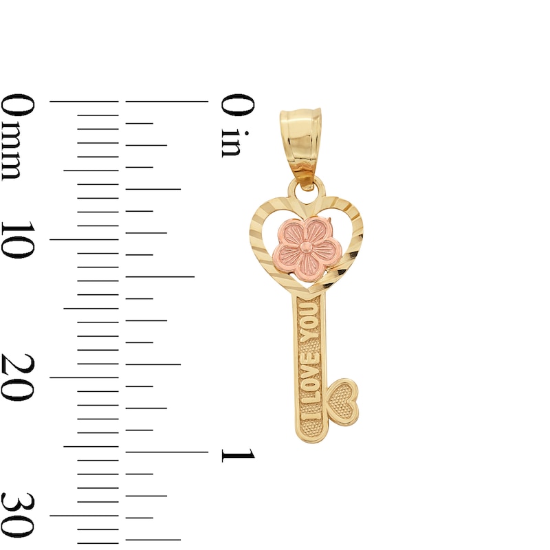 Main Image 3 of Child's Diamond-Cut &quot;I LOVE YOU&quot; Heart-Top and Flower Key Necklace Charm in 10K Two-Tone Gold