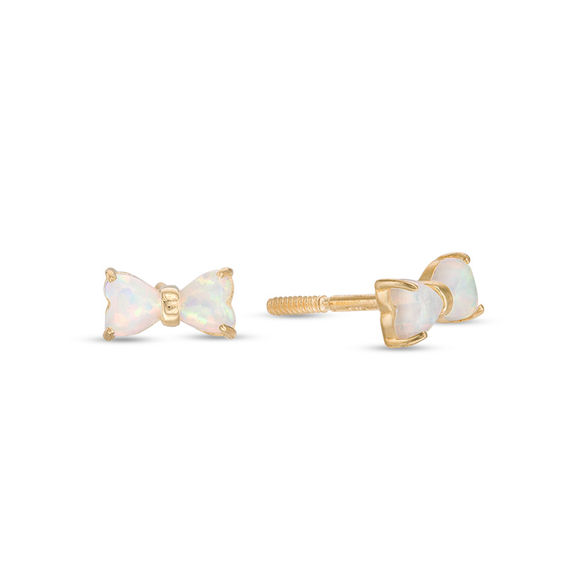 Child's 3mm Heart-Shaped Simulated Opal Bow Tie Stud Earrings in 10K Gold