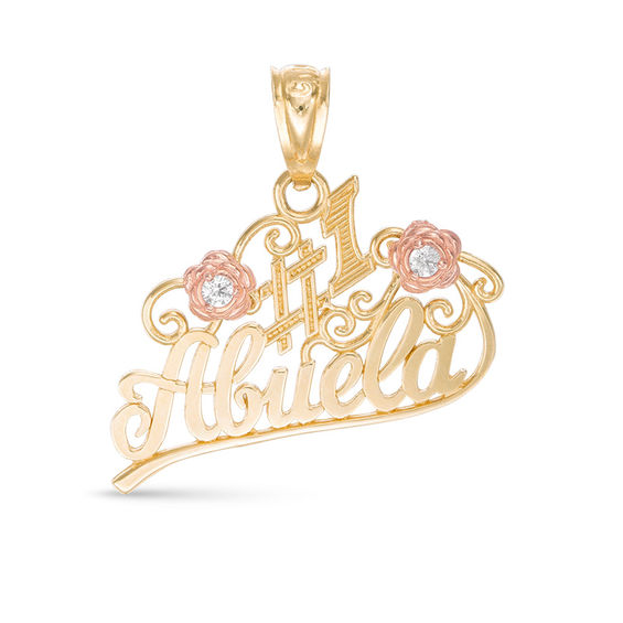 Cubic Zirconia Diamond-Cut Double Rose and Filigree "#1 Abuela" Necklace Charm in 10K Two-Tone Gold