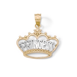 &quot;PRINCESS&quot; Beaded Crown with Star Accent Two-Tone Necklace Charm in 10K Solid Gold