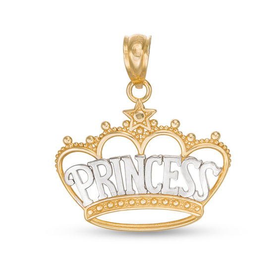 "PRINCESS" Beaded Crown with Star Accent Two-Tone Necklace Charm in 10K Solid Gold