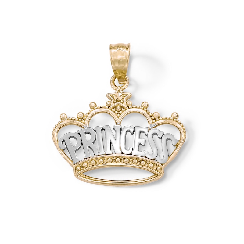 Main Image 1 of &quot;PRINCESS&quot; Beaded Crown with Star Accent Two-Tone Necklace Charm in 10K Solid Gold