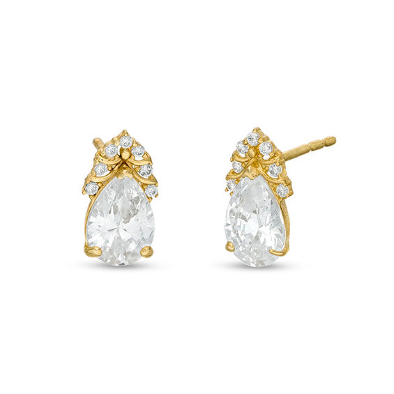 Pear-Shaped and Round Cubic Zirconia Crown Stud Earrings in 10K Gold