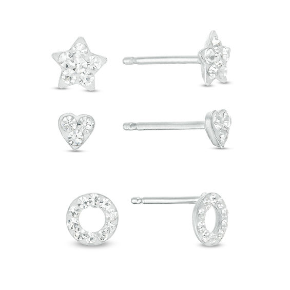 Crystal Star, Heart and Circle Mini Stud Earrings Set in Sterling Silver