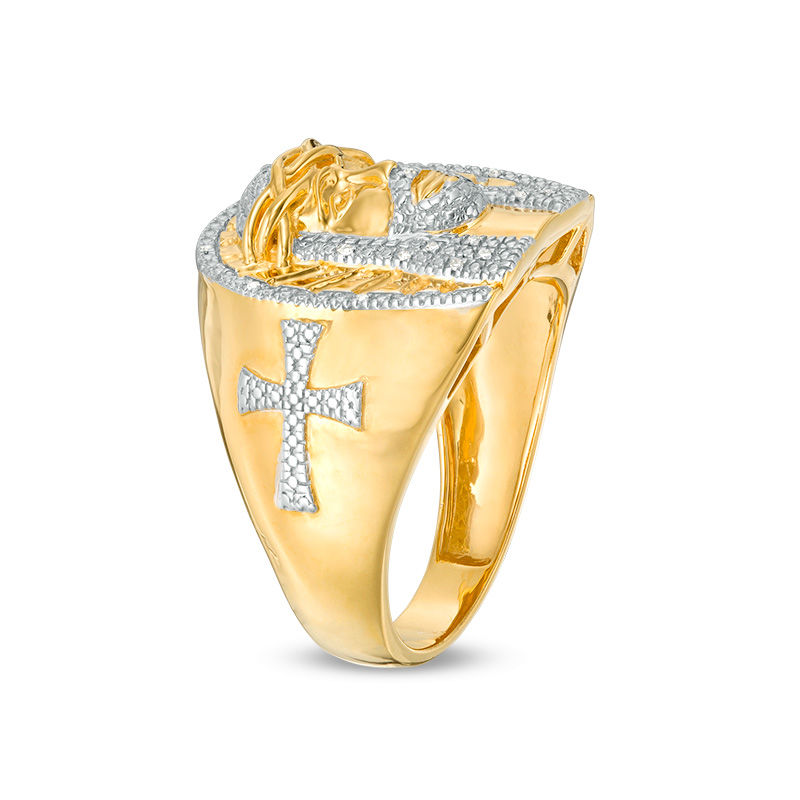 Mens Real 14k Yellow Gold Over Solid 925 Silver Jesus Face Ring Christian  Cross