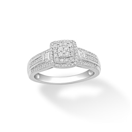 1/3 CT. T.W. Quad Diamond Double Cushion Frame Collar Triple Row Engagement Ring in Sterling Silver