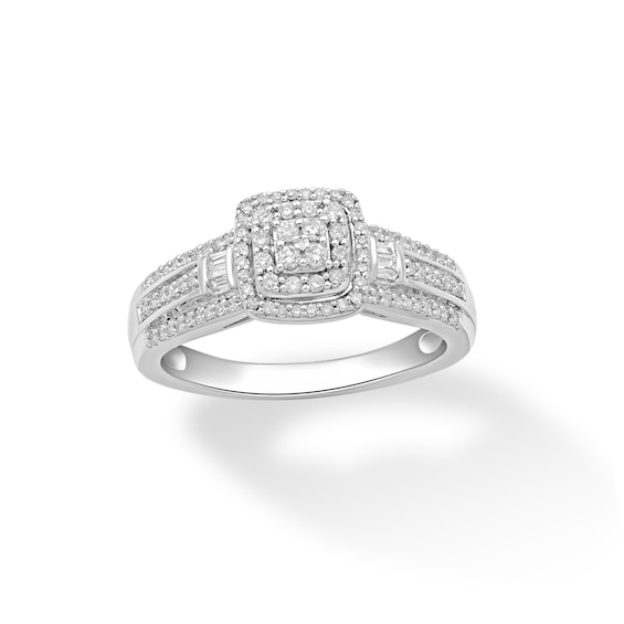 1/3 CT. T.W. Quad Diamond Double Cushion Frame Collar Triple Row Engagement Ring in Sterling Silver