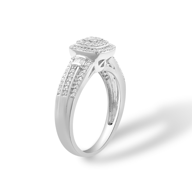 1/3 CT. T.W. Quad Diamond Double Cushion Frame Collar Triple Row Engagement Ring in Sterling Silver