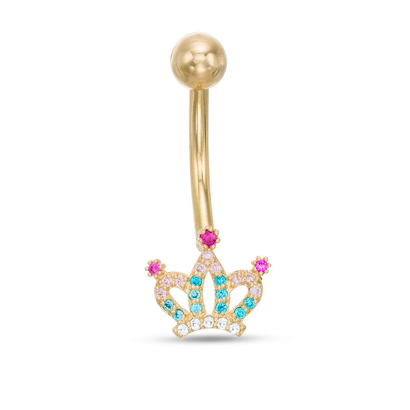 Main Image 1 of 014 Gauge Multi-Color Cubic Zirconia Crown Belly Button Ring in 10K Gold