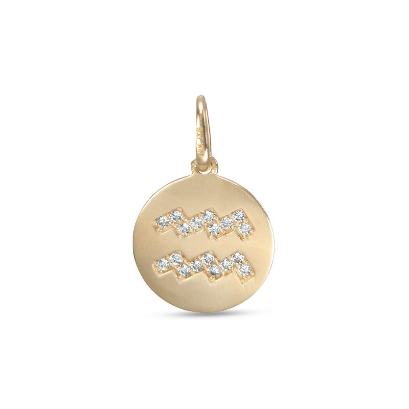 Main Image 1 of Cubic Zirconia Aquarius Zodiac Sign Disc Necklace Charm in 10K Gold