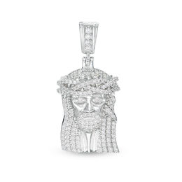 Cubic Zirconia Jesus Head Necklace Charm in Solid Sterling Silver