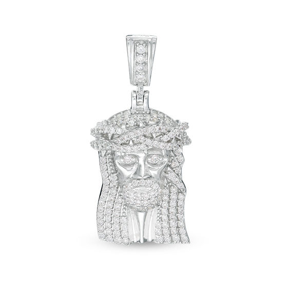 Cubic Zirconia Jesus Head Necklace Charm in Solid Sterling Silver