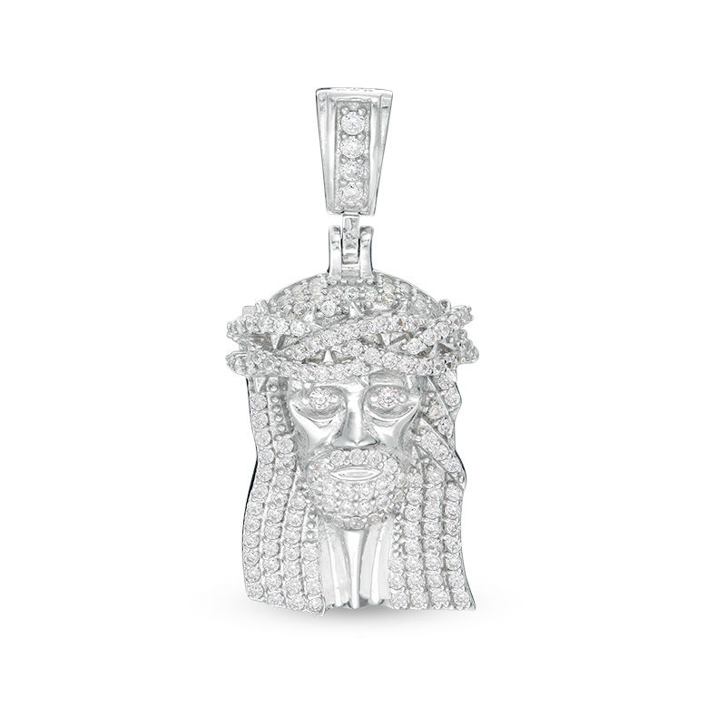 Main Image 1 of Cubic Zirconia Jesus Head Necklace Charm in Solid Sterling Silver