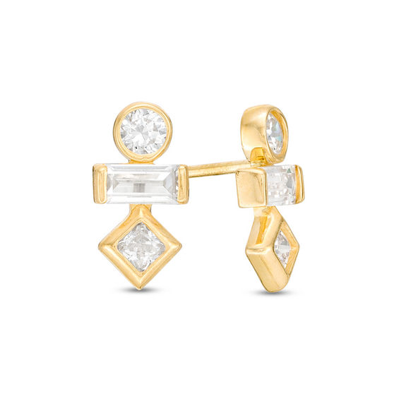 Multi-Shape Cubic Zirconia Three Stone Stud Earrings in 10K Gold