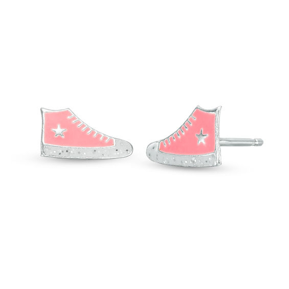 Child's Pink and White Glitter Enamel High Top Sneaker Stud Earrings in Sterling Silver