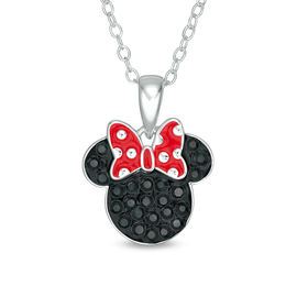 Child's Black Crystal ©Disney Minnie Mouse with Red and White Enamel Polka Dot Bow Pendant in Solid Sterling Silver - 15&quot;