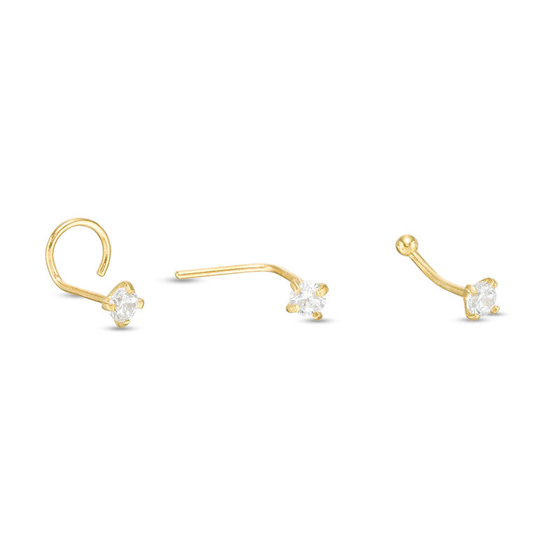 14K Semi-Solid Gold CZ Bone, L-Shape and Screw Nose Stud Set - 22G