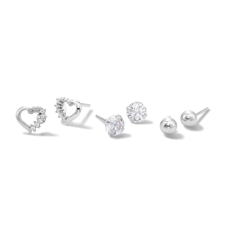 5mm Cubic Zirconia Solitaire, Shadow Heart and Ball Stud Earrings Set ...