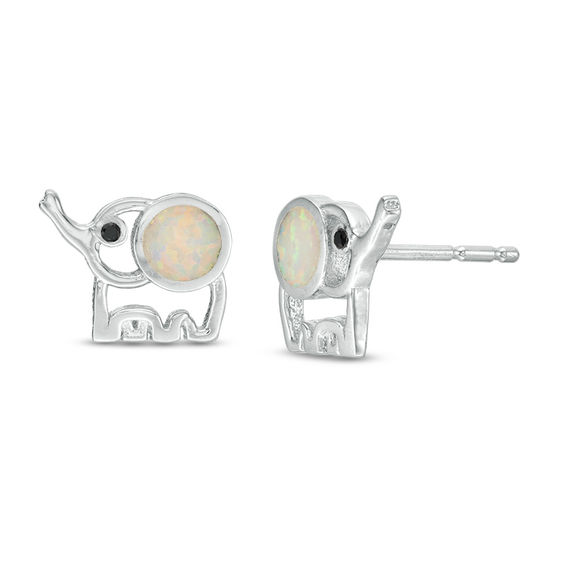 Lab-Created Opal and Black Cubic Zirconia Elephant Stud Earrings in Sterling Silver