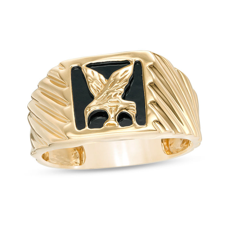 Main Image 1 of 10mm Square Onyx Flying Eagle Twist Signet Ring in 10K Gold - Size 10