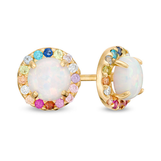 5mm Simulated Opal and Multi-Color Cubic Zirconia Frame Stud Earrings in 10K Gold