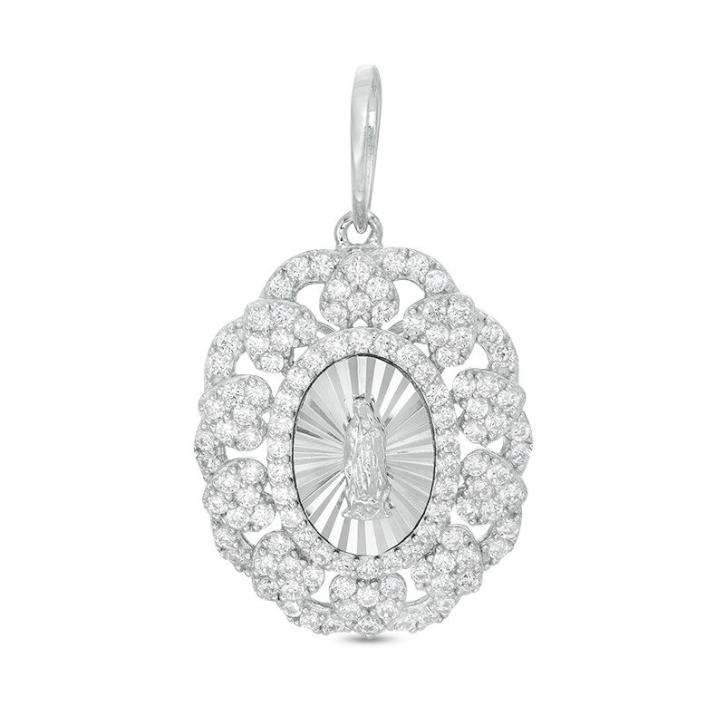 Cubic Zirconia Heart and Scalloped Frame Our Lady of Guadalupe Oval Necklace Charm in Sterling Silver