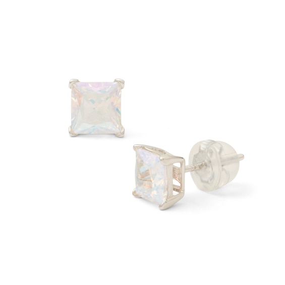 6mm Princess-Cut Iridescent Cubic Zirconia Solitaire Stud Earrings in Solid Sterling Silver