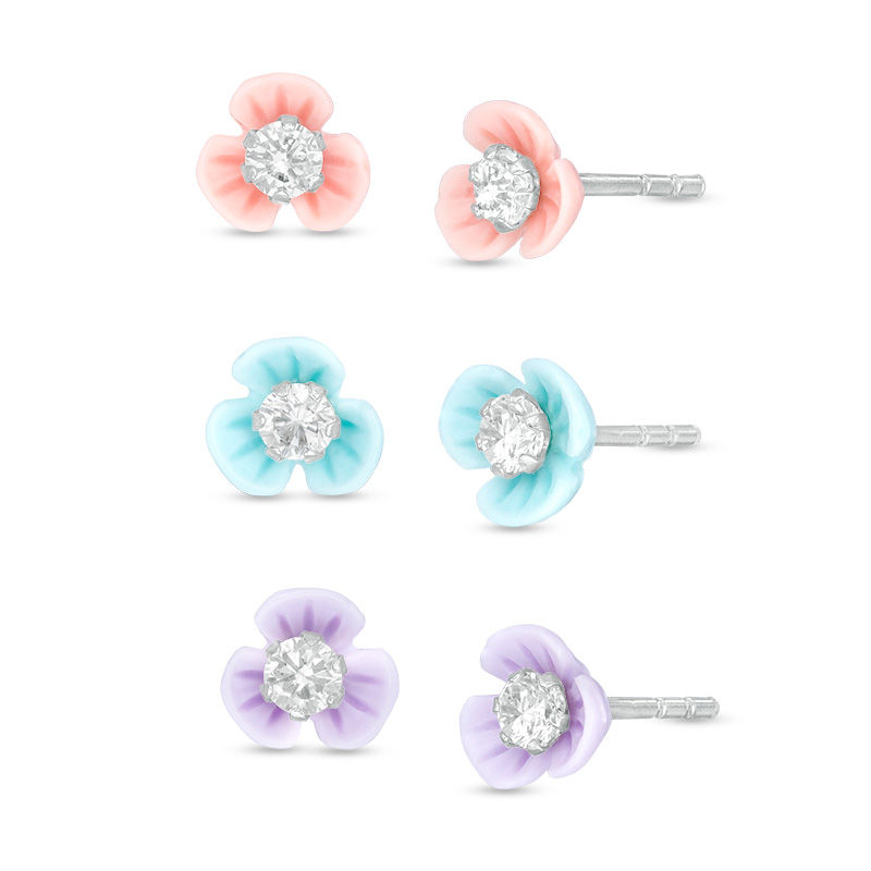 Main Image 1 of Child's 3mm Cubic Zirconia Solitaire Pastel-Theme Flower Stud Earrings Set in Solid Sterling Silver