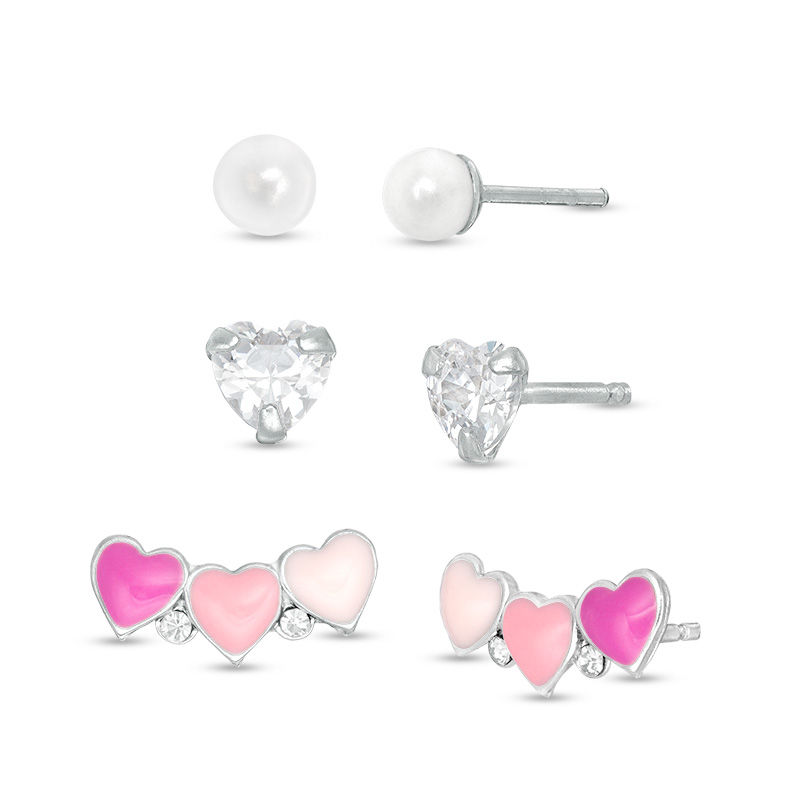 Child's Simulated Freshwater Cultured Pearl, Pink Enamel Heart and Cubic Zirconia Stud Earrings Set in Sterling Silver