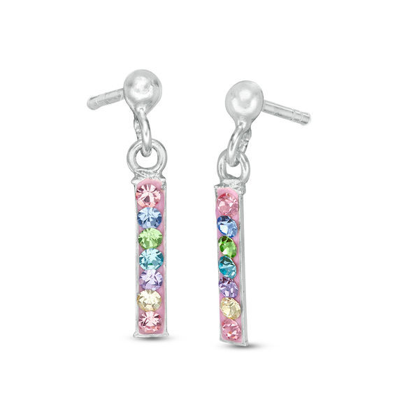 Child's Multi-Color Crystal and Pink Enamel Linear Bar Drop Earrings in Sterling Silver