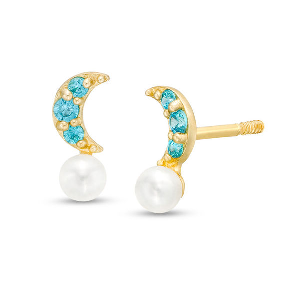 Child's Cultured Freshwater Pearl and Blue Cubic Zirconia Crescent Moon Stud Earrings in 10K Gold