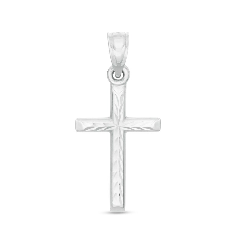 Main Image 1 of Small Diamond-Cut Cross Necklace Charm in 10K Stamp Hollow White Gold