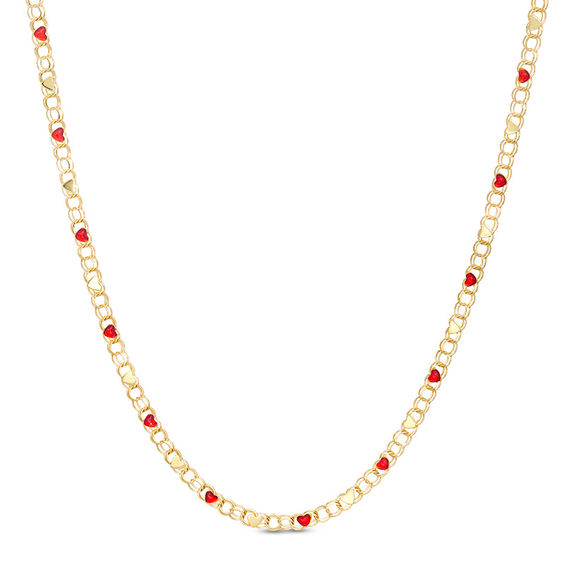 Child's Red Enamel and Mirror Heart Alternating Double Circle Link Necklace in 10K Gold - 15"