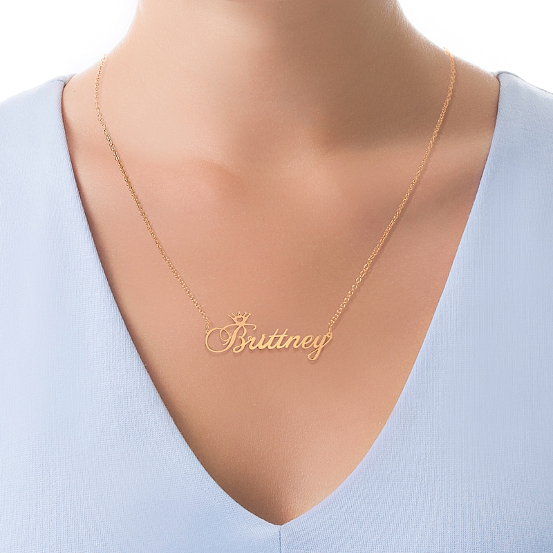 Main Image 2 of Script Name with Heart Cut-Out Crown Necklace in Sterling Silver with 14K Gold Plate (1 Line)