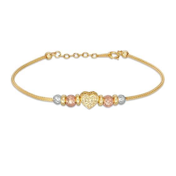 Diamond-Cut Puff Heart and Graduating Bead Bracelet in 10K Tri-Tone Gold - 7.5"