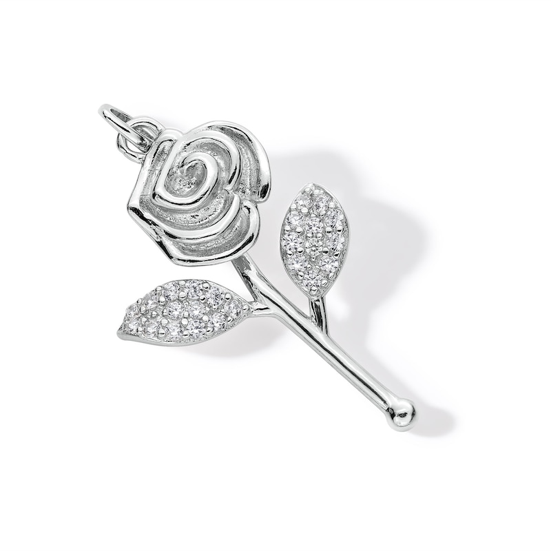 Main Image 3 of Cubic Zirconia Long Stem Rose Necklace Charm in Solid Sterling Silver