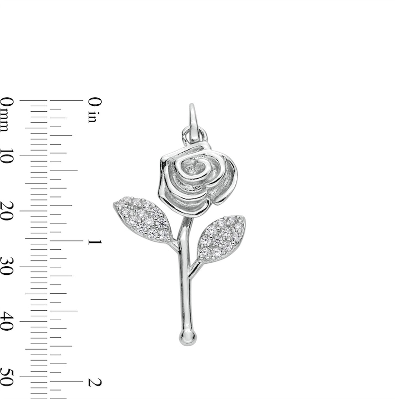 Main Image 4 of Cubic Zirconia Long Stem Rose Necklace Charm in Solid Sterling Silver