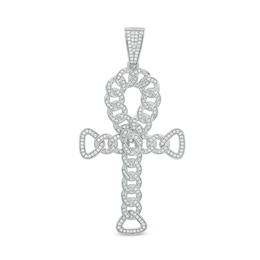 Cubic Zirconia Curb Chain Ankh Cross Necklace Charm in Sterling Silver