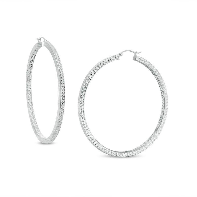 Main Image 1 of Diamond-Cut Square Tube Hoop Earrings in Hollow Sterling Silver