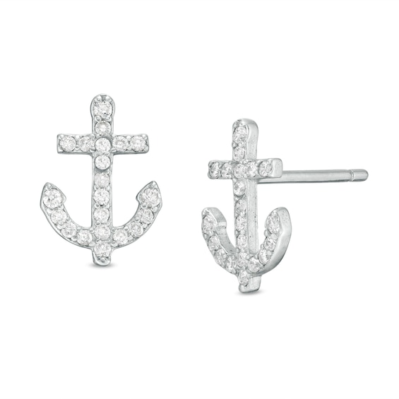 Cubic Zirconia Anchor Stud Earrings in Sterling Silver