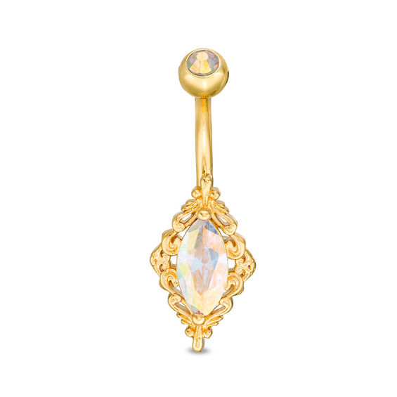 014 Gauge Iridescent Cubic Zirconia Vintage-Style Belly Button Ring in Stainless Steel with Yellow IP