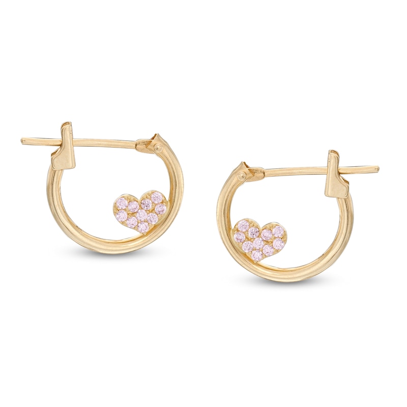 Main Image 1 of Child's Pink Cubic Zirconia Heart Accent Hoop Earrings in 10K Gold