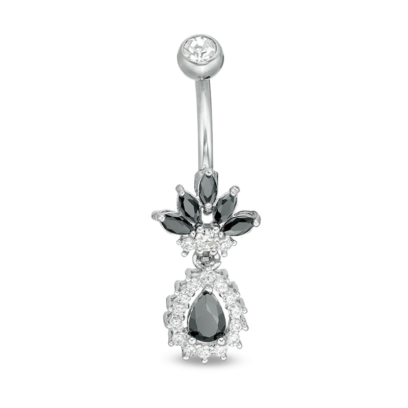 Main Image 1 of 014 Gauge Black and White Cubic Zirconia and Glass Floral Dangle Belly Button Ring in Stainless Steel and Brass