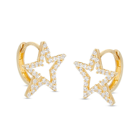 Cubic Zirconia Open Star Huggie Hoop Earrings in 10K Gold