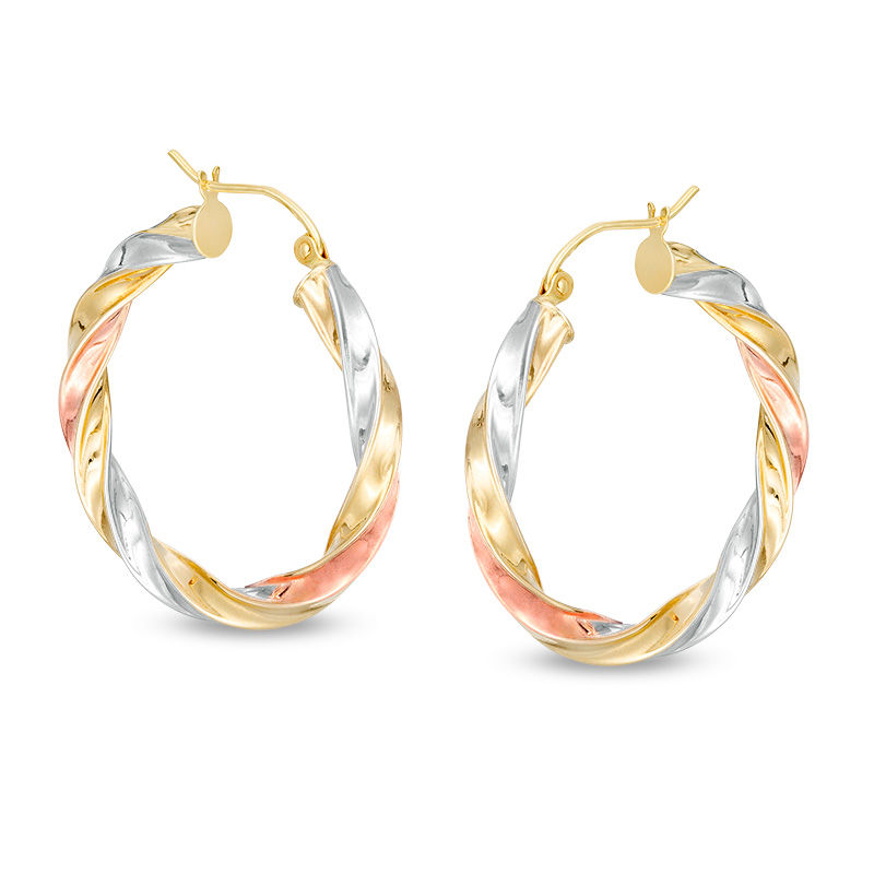 Main Image 1 of 30mm Twist Tube Hoop Earrings in 10K Tri-Tone Gold