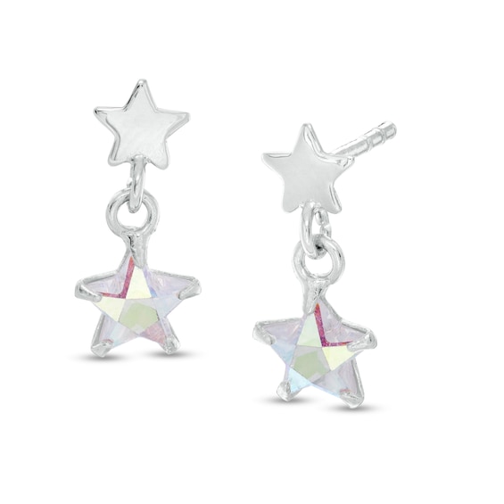 Child's 5mm Iridescent Cubic Zirconia Double Star Drop Earrings in Sterling Silver