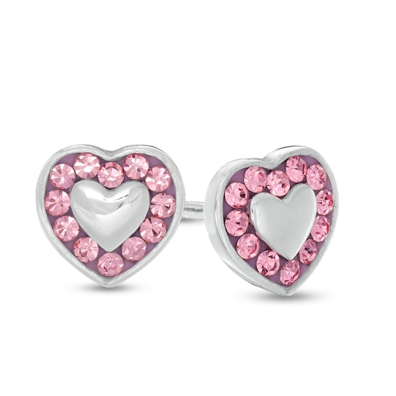 Child's Pink Crystal Frame Heart Stud Earrings in Sterling Silver