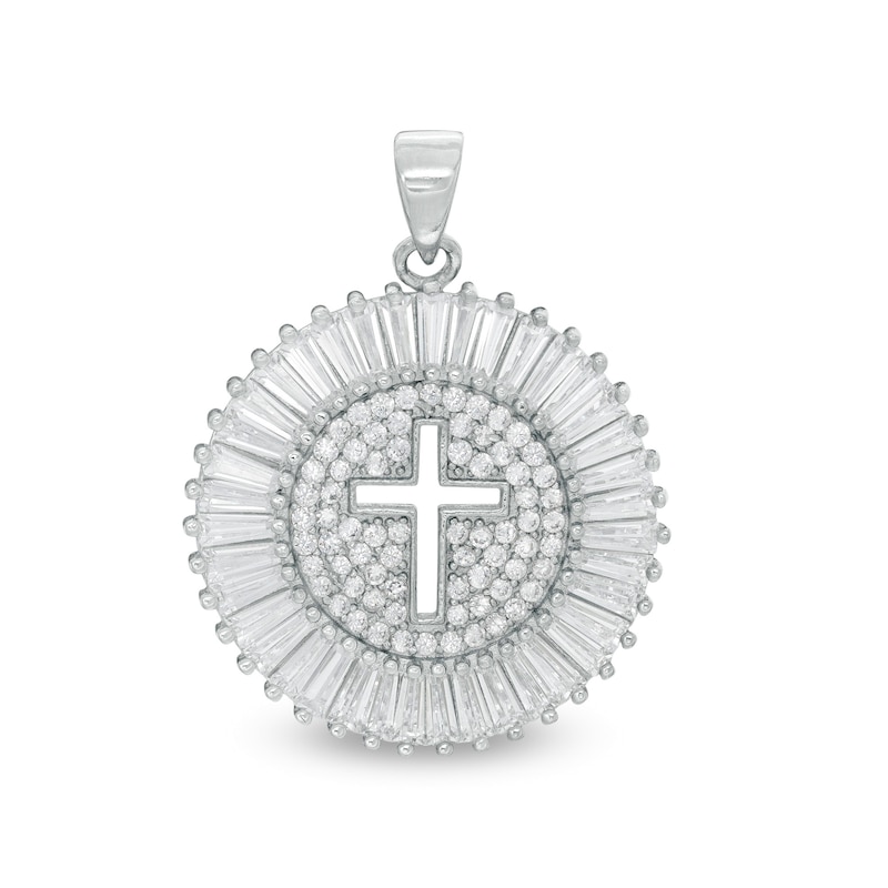 Main Image 1 of Baguette and Round Cubic Zirconia Disc with Cut-Out Cross Necklace Charm in Solid Sterling Silver