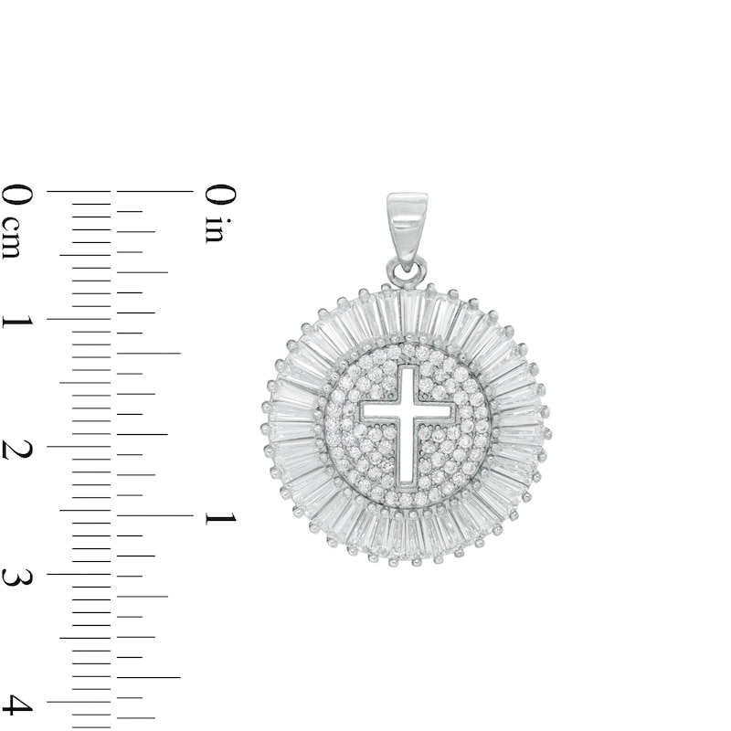 Main Image 2 of Baguette and Round Cubic Zirconia Disc with Cut-Out Cross Necklace Charm in Solid Sterling Silver