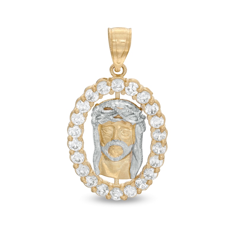 Main Image 1 of Cubic Zirconia Jesus Head Oval Frame Necklace Charm in 10K Two-Tone Gold